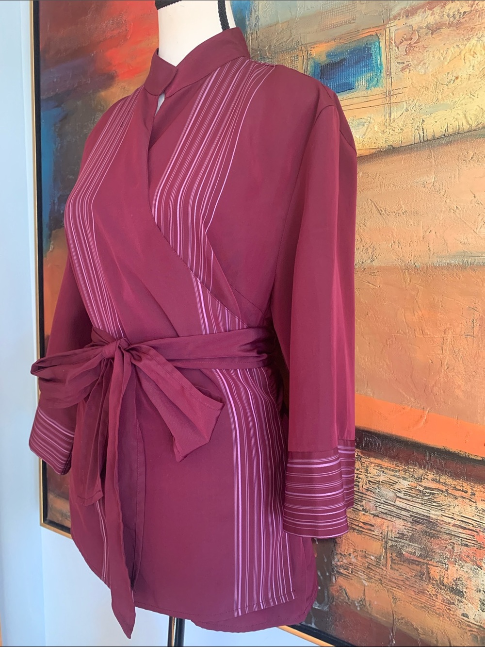 Tristan Burgundy & Lavender Striped Kimono Style Wrap Blouse, XL (M) - Picture 5 of 9